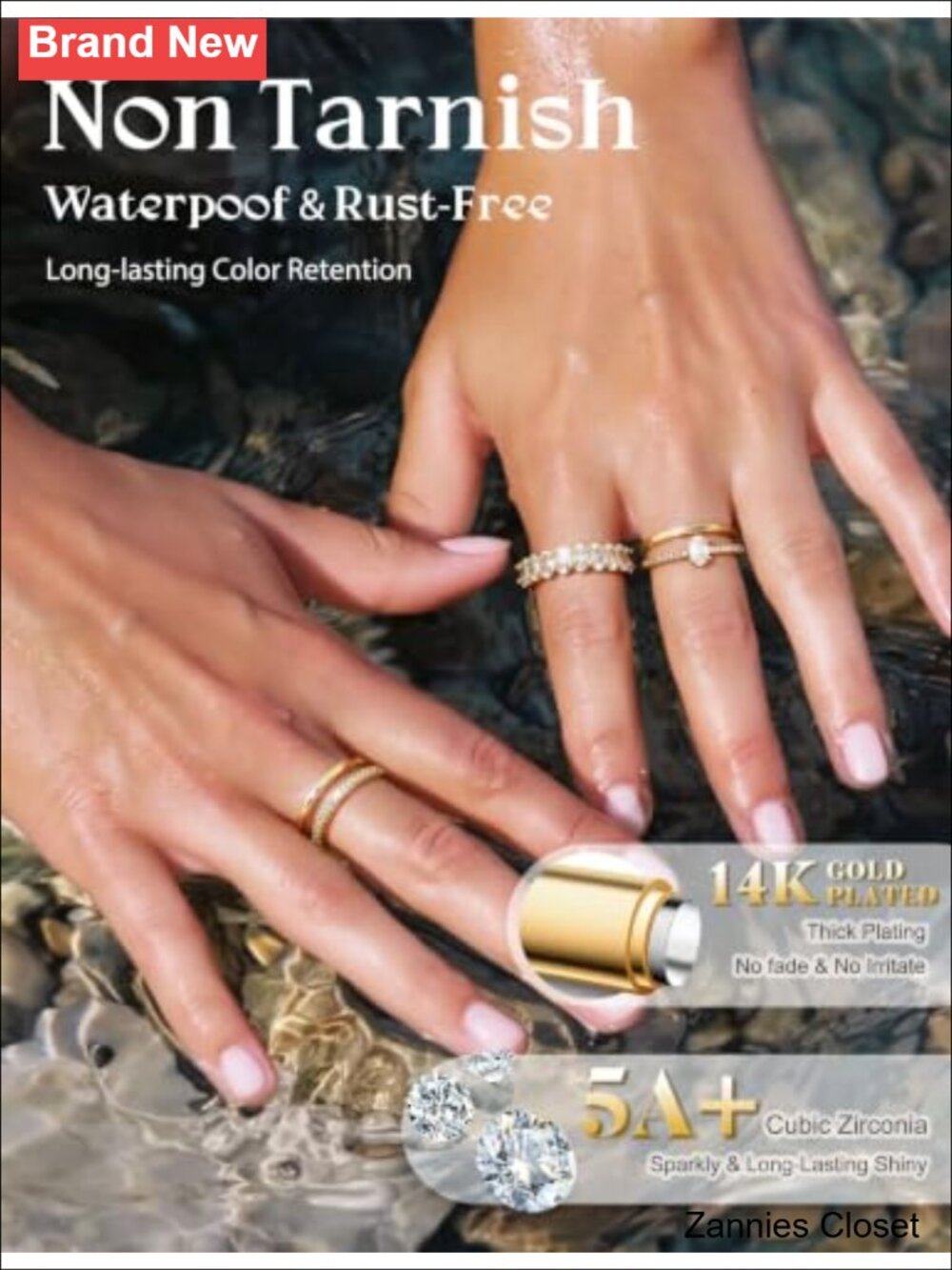 💍 14K Gold Plated Stackable Rings Cubic Zirconia Set - Picture 4 of 6